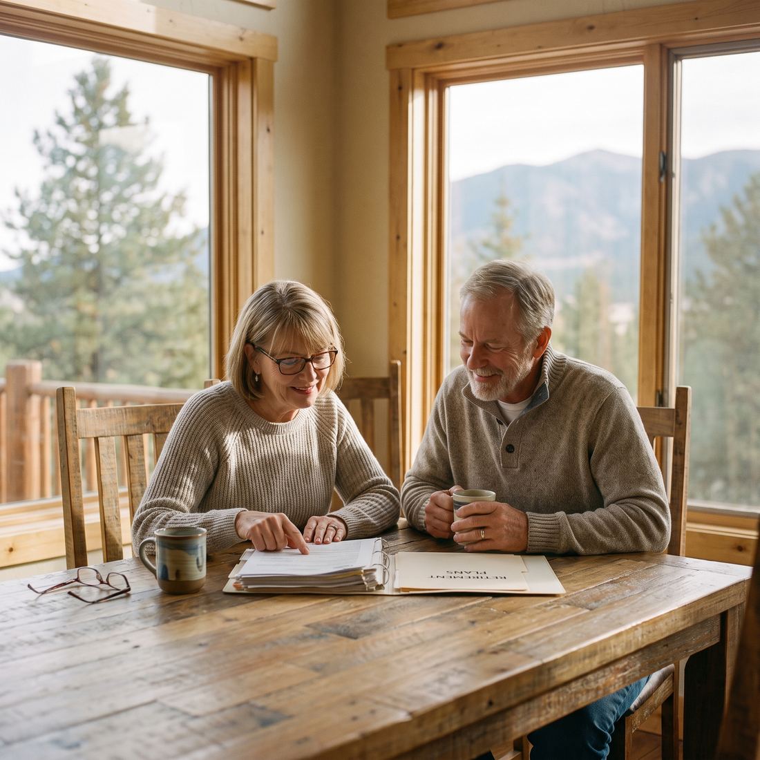 A couple reviewing their trust documents together at a table with a mountain view