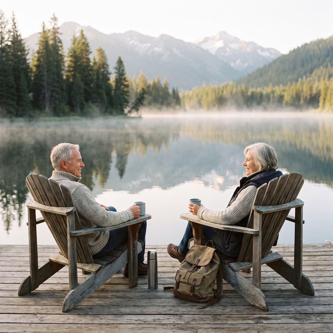 A retired couple relaxing in chairs on a lakeside dock at a calm mountain lake