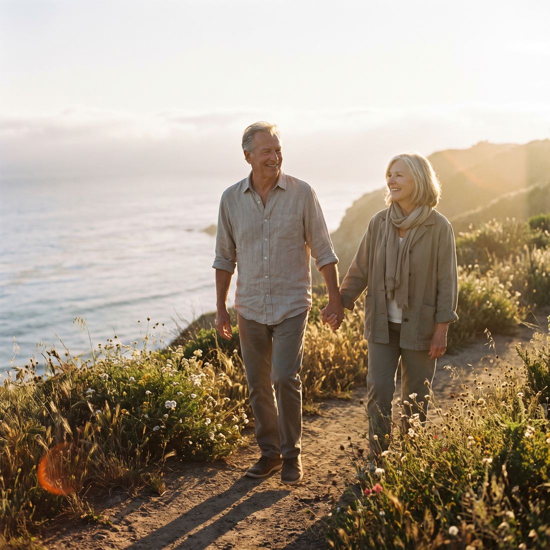 A retired couple walking a coastal bluff path at golden hour