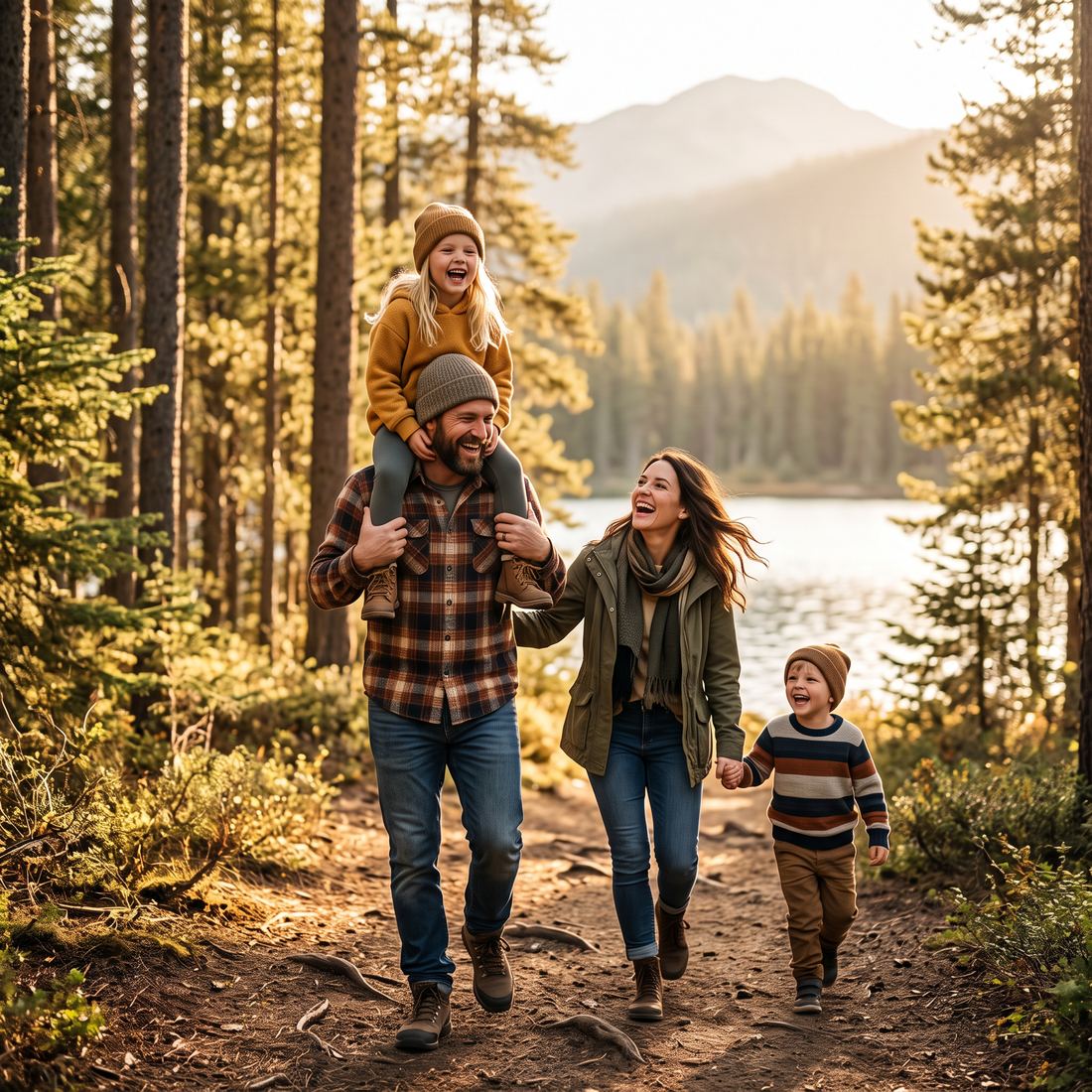 A young family laughing together on a forest trail beside a mountain lake