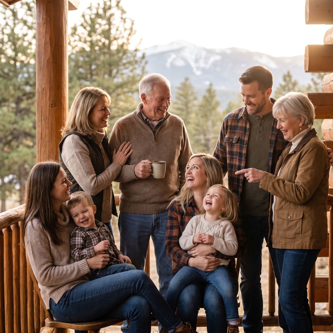 Three generations of a family together on a mountain porch